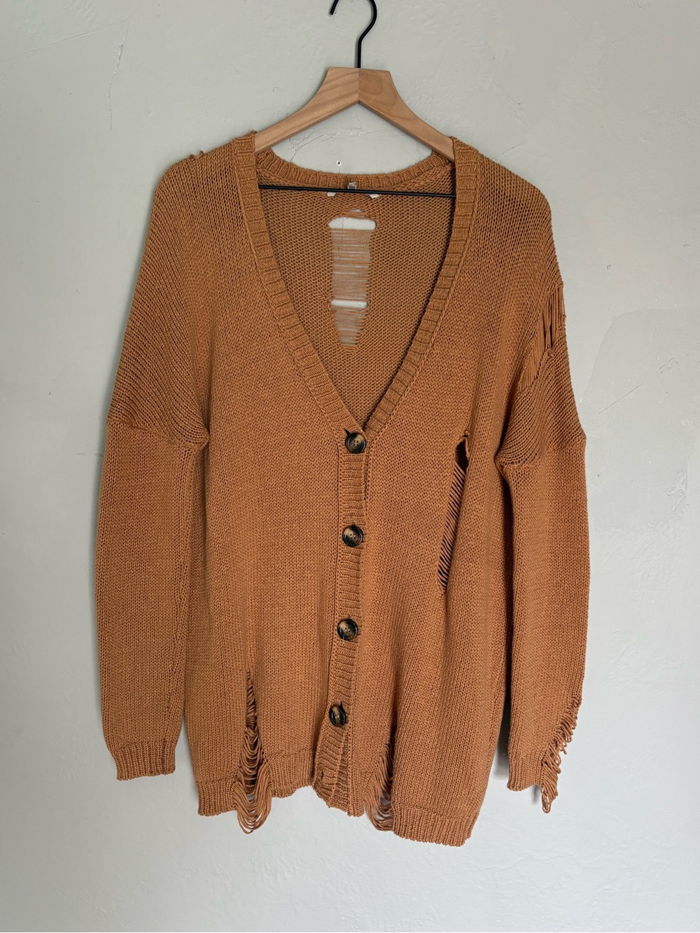 BKE Rust Orange Distressed V-Neck Button Cardigan